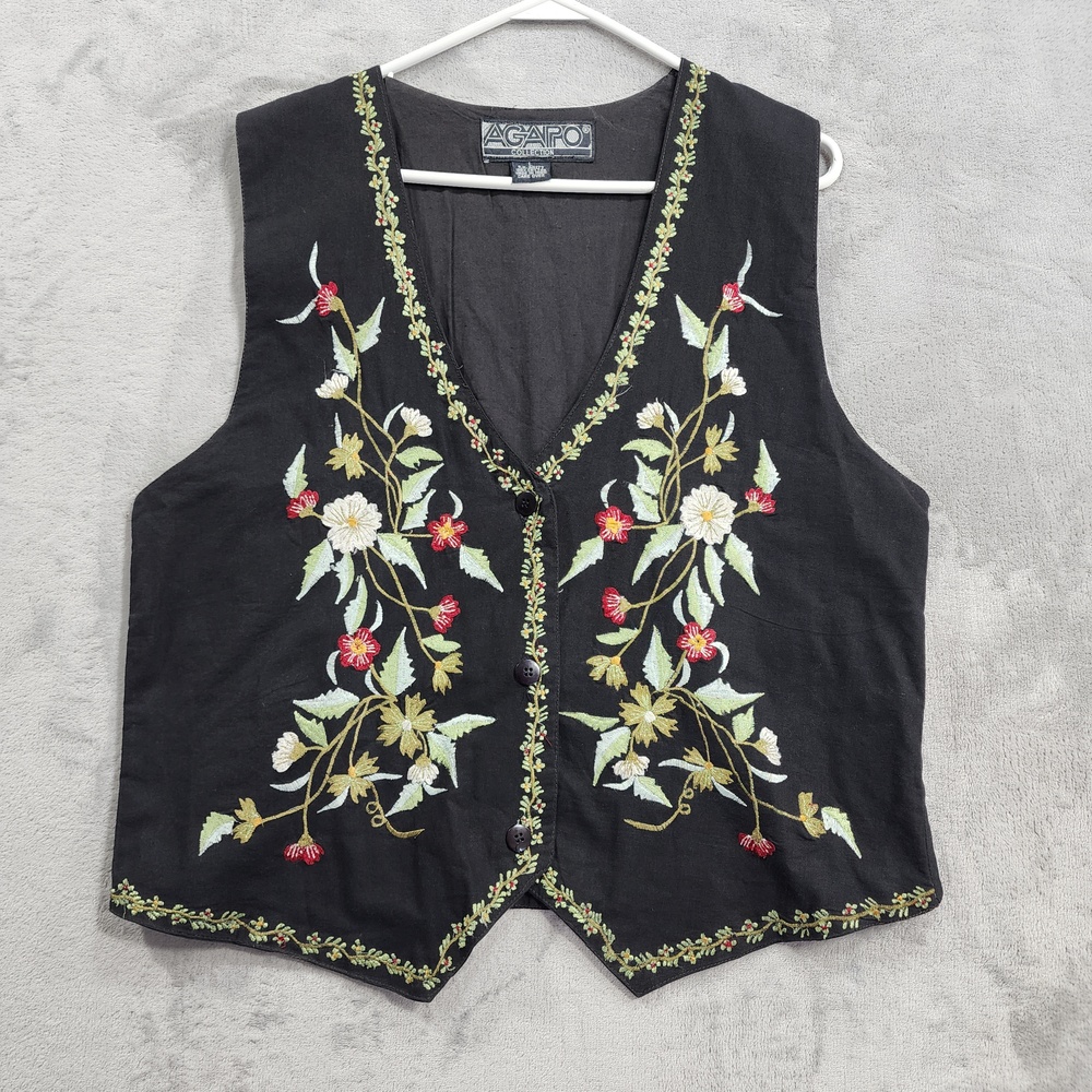 Vintage AGAPO Vest Womens L Black Floral Embroidered Button Front V-Neck Boho